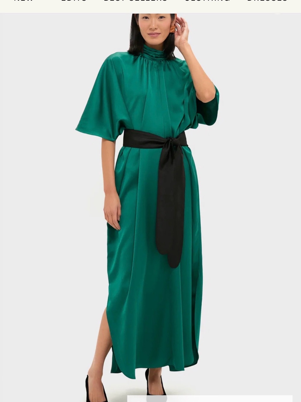 Tuckernuck Emerald Green Satin Maxi Dress with Black Waist Sash